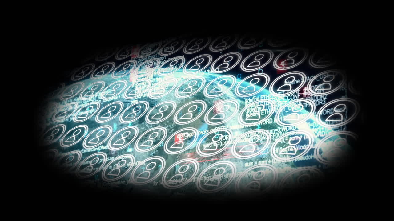Animation of vignetted grid of people icons moving over data processing on globe