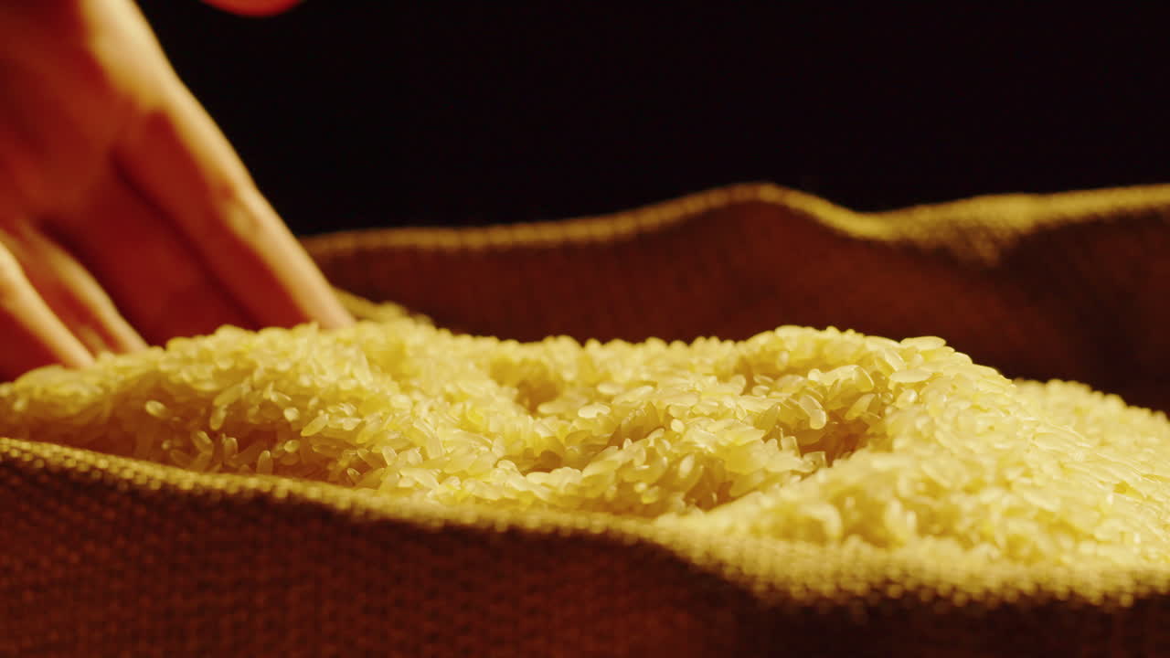A hand interacts with rice grains in a burlap sack