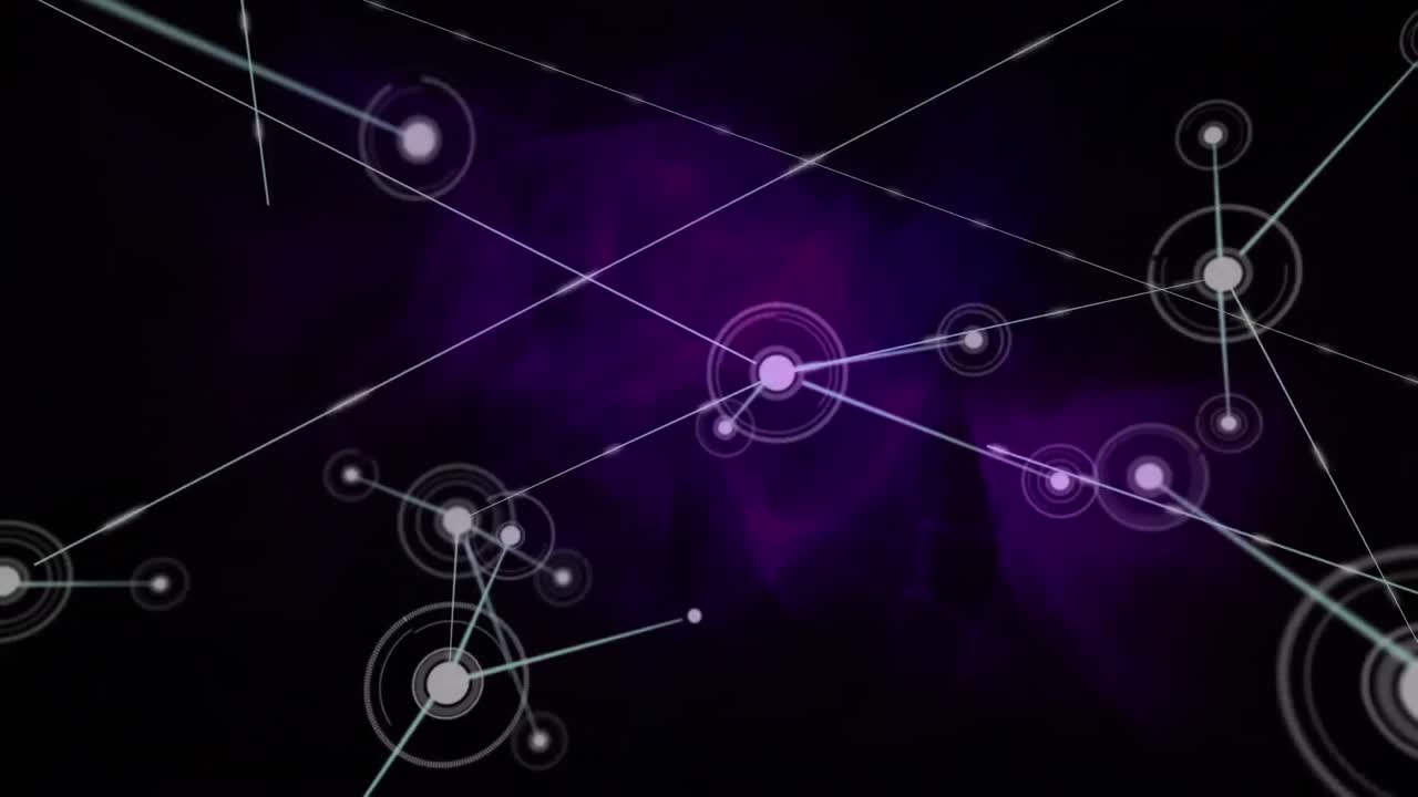 Animation of red particles over network of connections and purple digital wave on black background