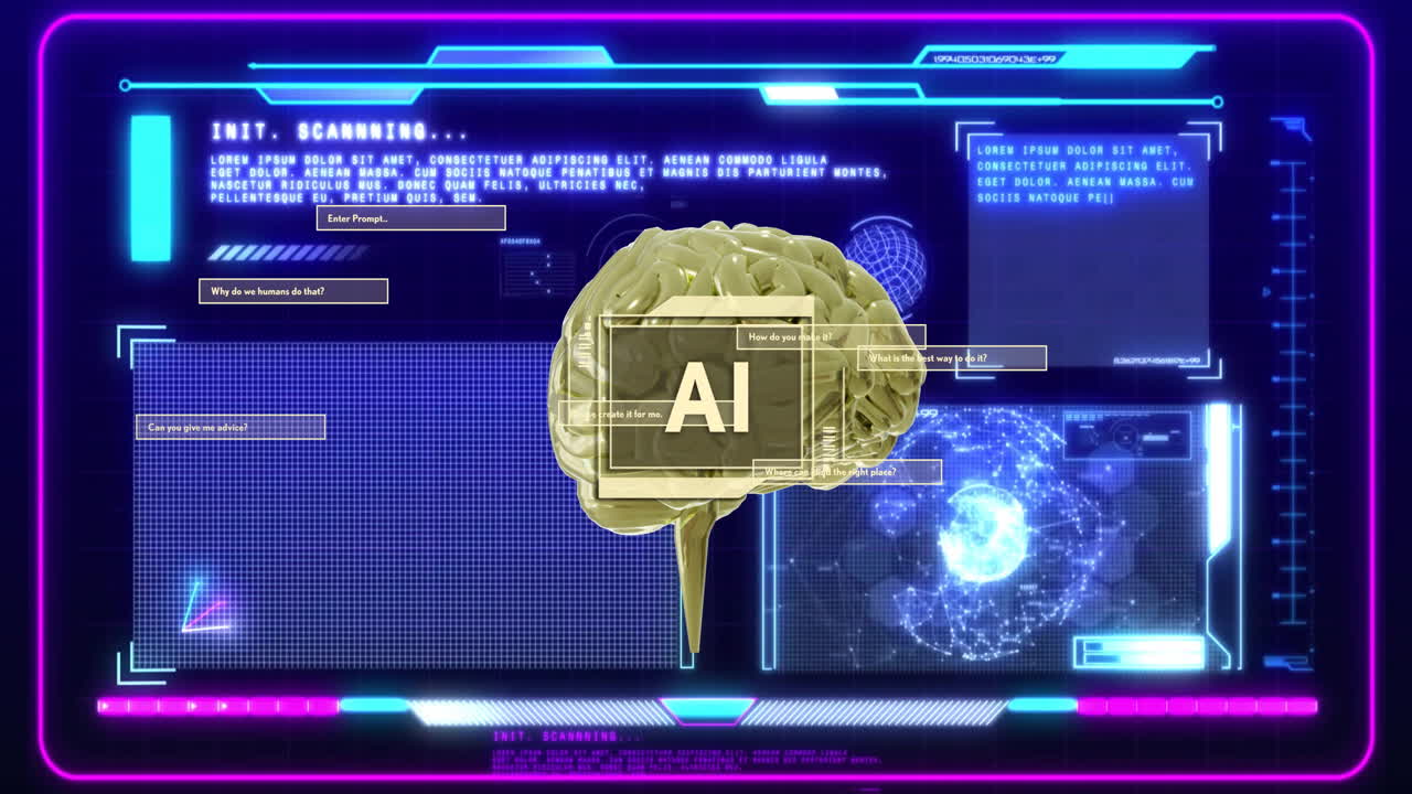 AI text over brain and data charts in futuristic animation