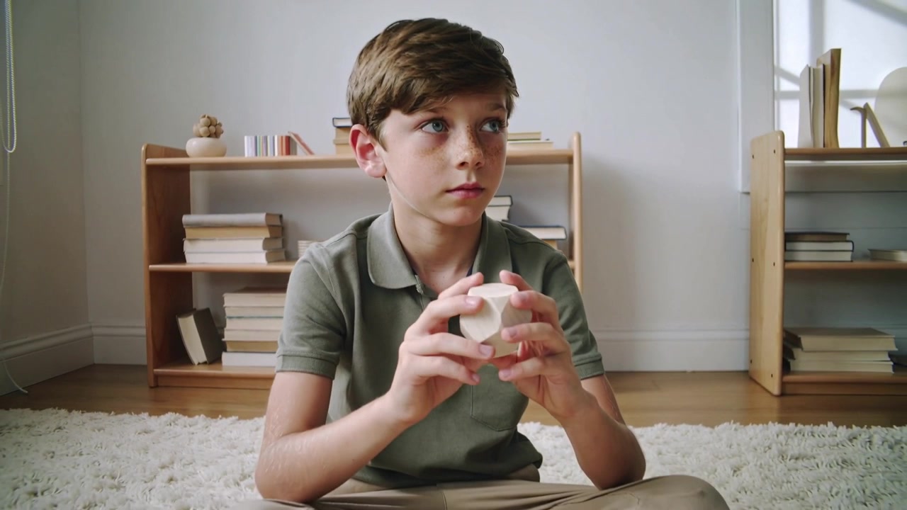Rotating puzzle with camera pulling back, revealing boy in olive polo and khaki pants at home
