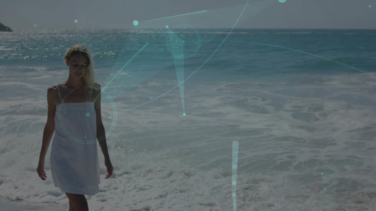 Vertical video: Walking woman in white dress nearing camera on shore, sun making overlays, modeling
