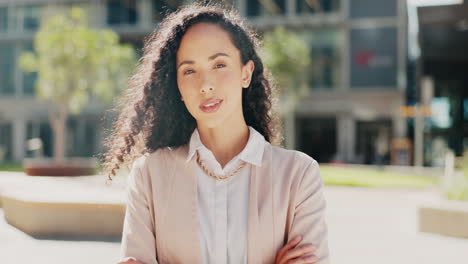 business woman in city, face and arms crossed