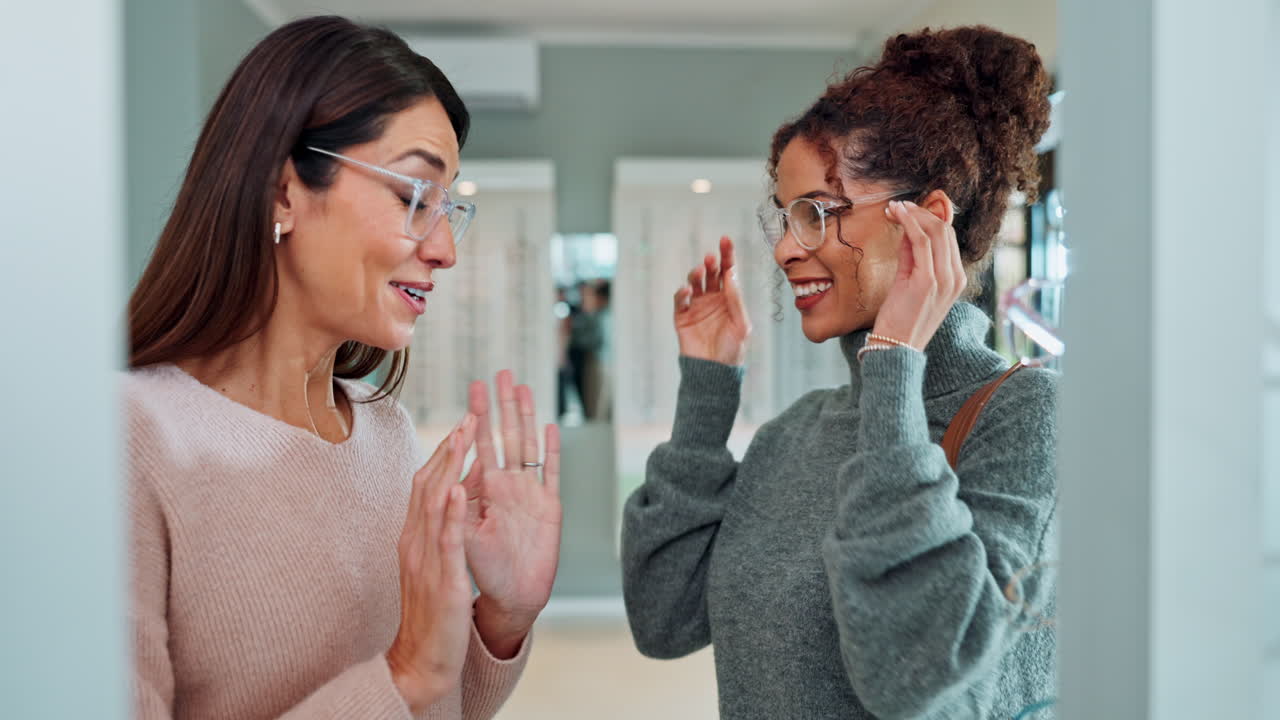 Women trying on eyeglasses at optical store