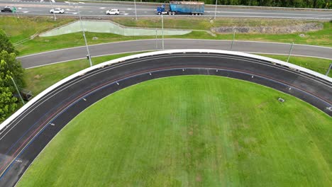 aerial view of cycling track and field