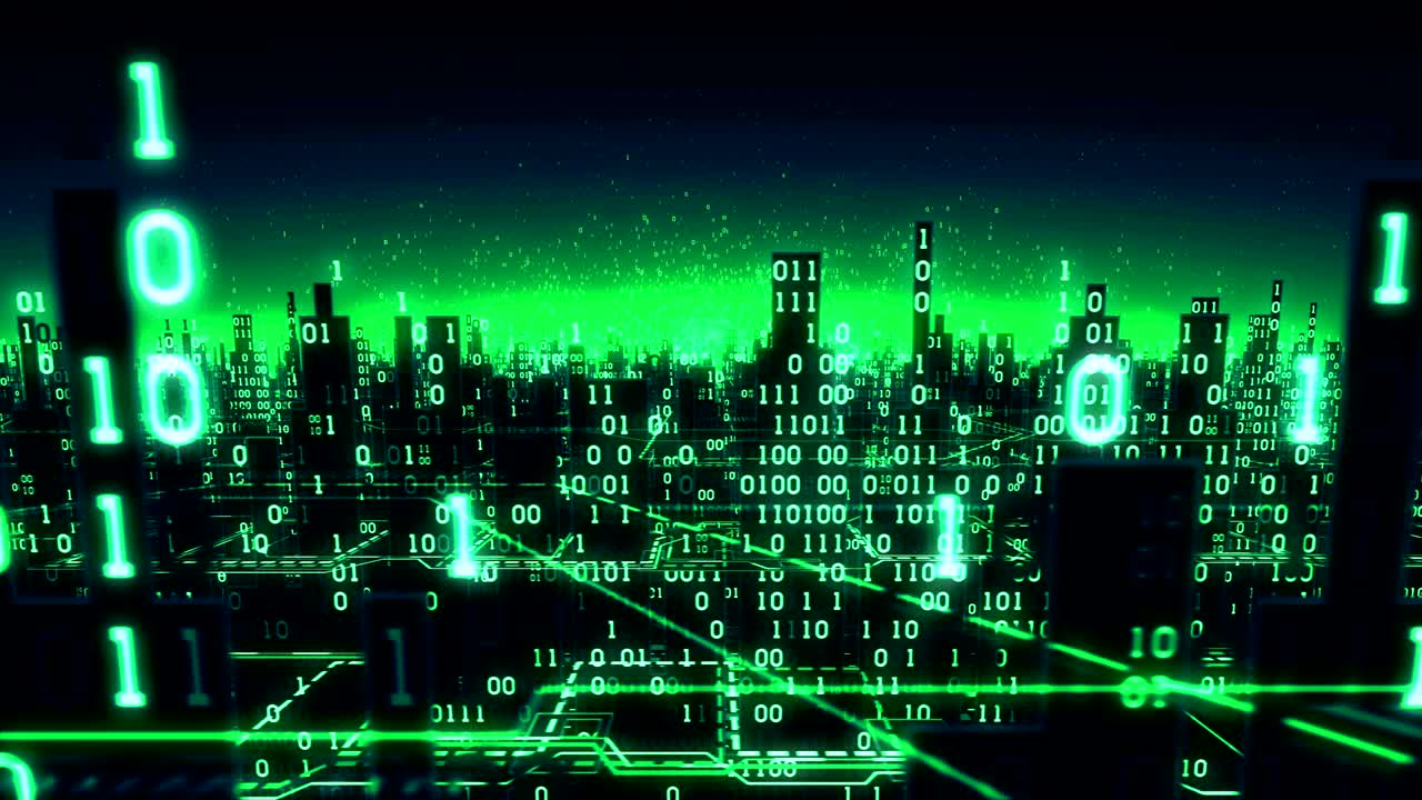 Aerial view of abstract futuristic digital city, a high-tech background with binary arrays connected to the global network, matrix, seamless loop, alpha matte
