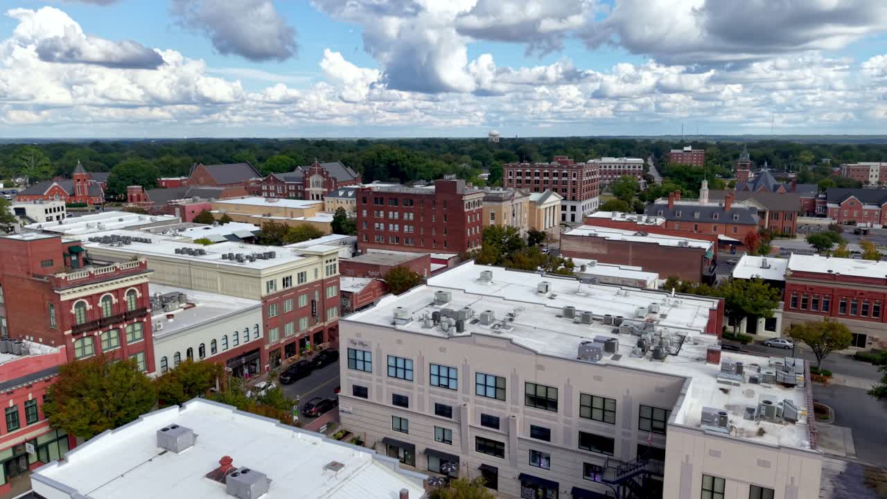 공중에서 카메라를 올려 South Carolina의 Rock Hill SC 스카이라인을 보여줘요