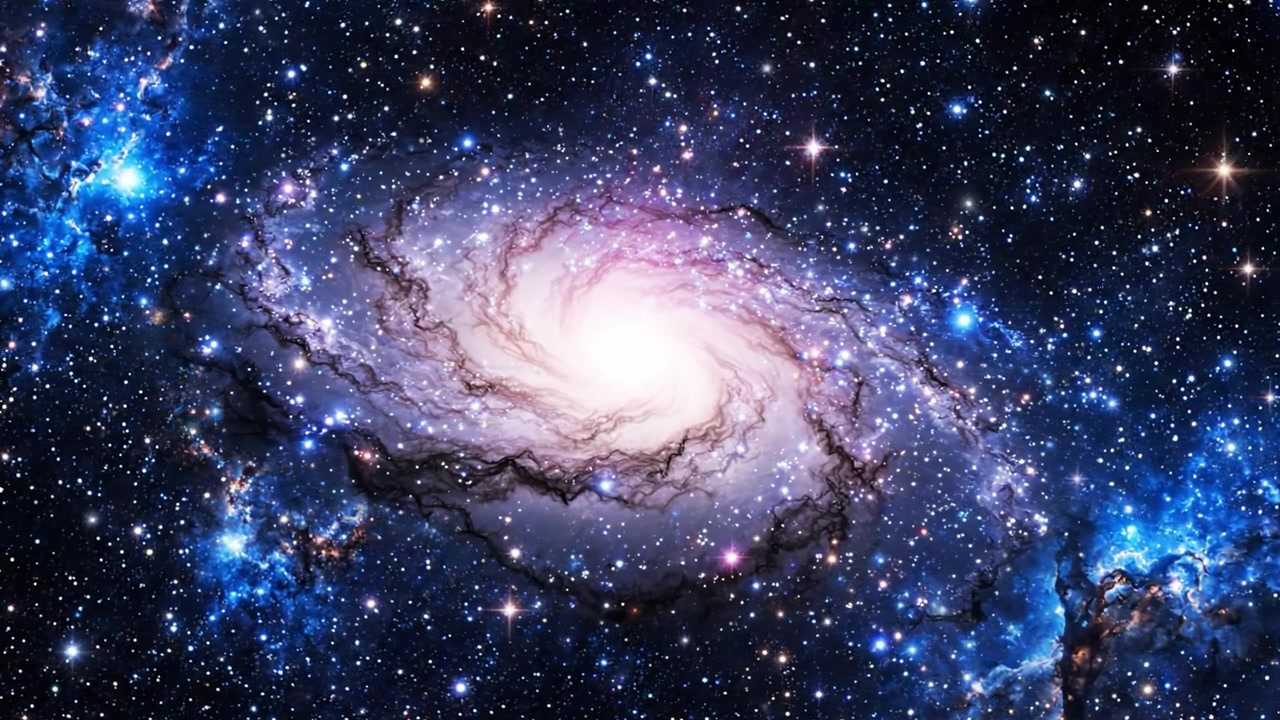 En betagende kosmisk dans: Udforsk skønheden ved en majestætisk spiralgalakse oplyst af stjerner og interstellart støv i rummets uendelighed