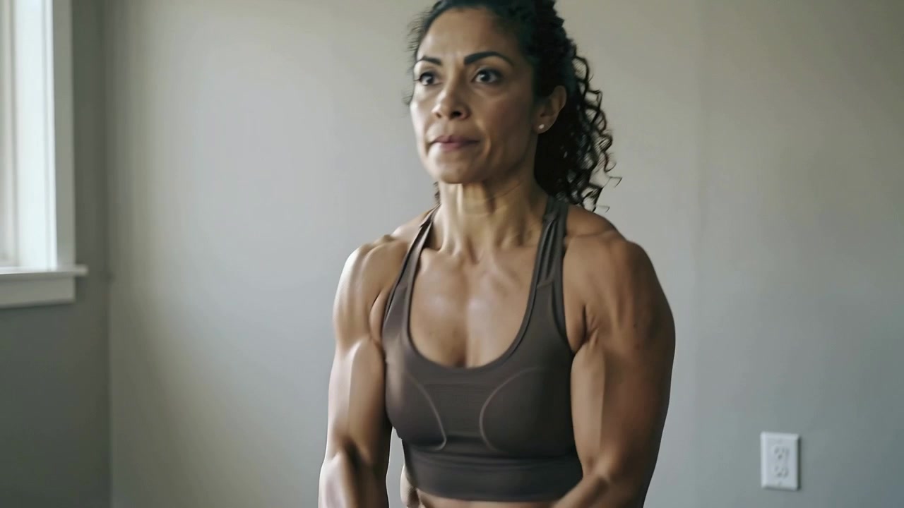 Contraindo o core, mulher vestindo roupas esportivas escuras pressionando um kettlebell em um banco doméstico para fortalecer