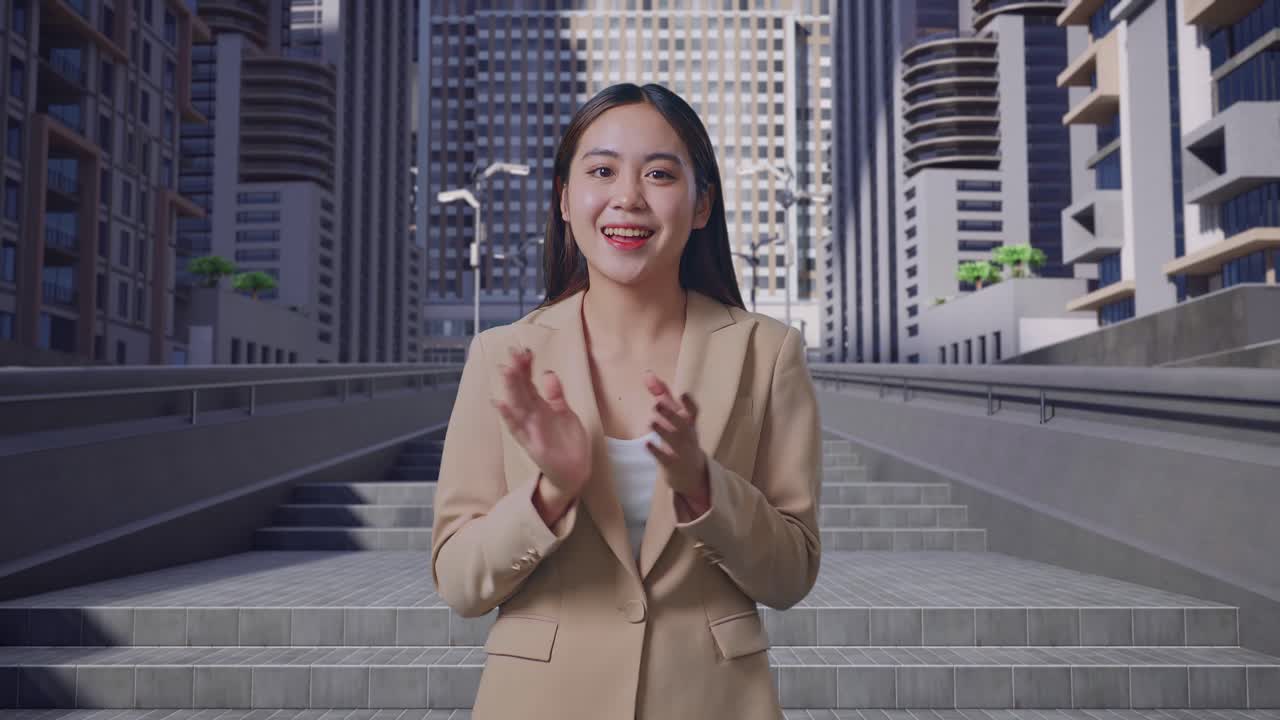아시아 의 사업가 여성 이 도시 거리 에서 인상적 인 손 을 박수 를 치고 있다