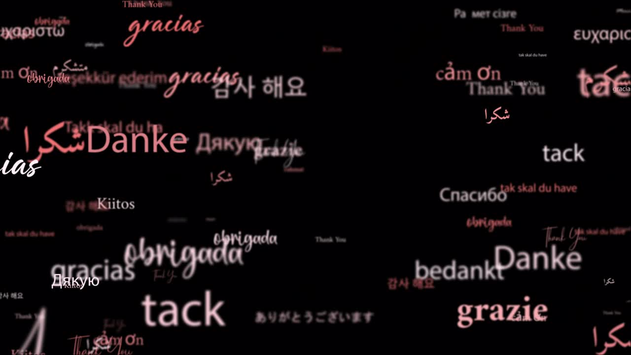 다양한 종류의 언어로 감사하는 애니메이션 루프, 관련 단어, 빨간색, 분홍색, 흐르는 단어, 소개에 대한 요소, 검은색 배경의 제목 배너