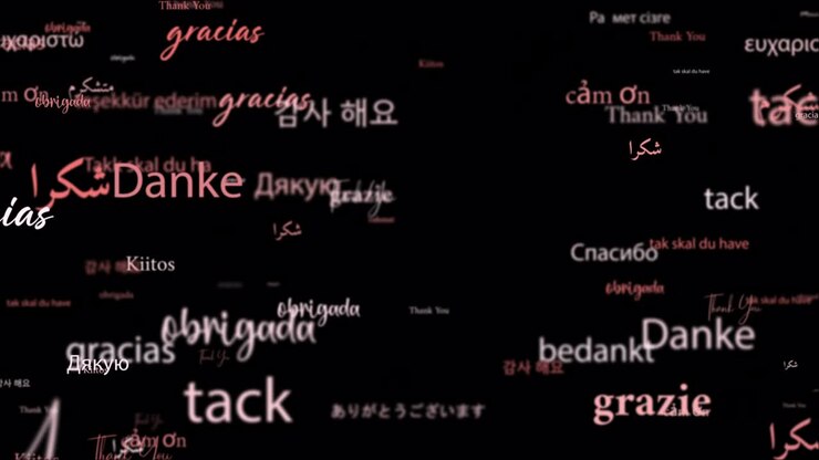Animation loop of Thank you in different kind of Languages word related red pink word flowing. Element for intro, title banner on black background