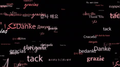 animation loop of thank you in different kind of languages word related red pink word flowing. element for intro, title banner on black background