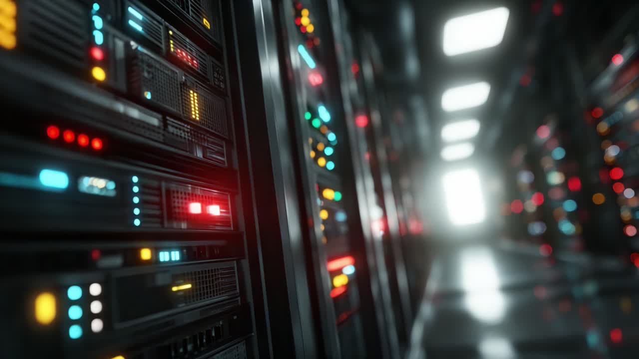 A Glimpse Inside a High-Tech Data Center: A Journey Through Rows of Servers Illuminated by Dynamic Lights and Modern Technology