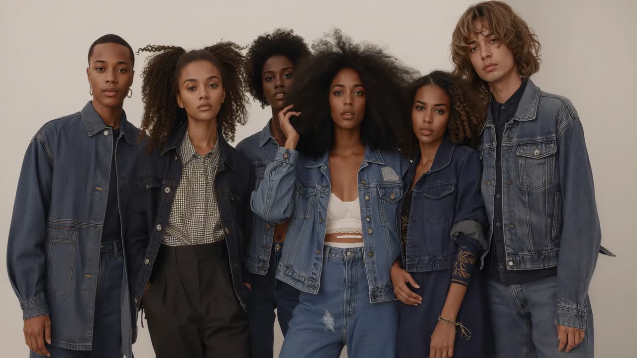 Inizia con sei modelle che si spostano verso l'interno e perfezionano la posa in studio con giacche di jeans