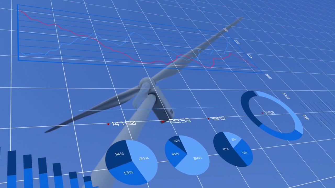 Camera panning and tilting while turbine centering in grid charts animating and showing energy data