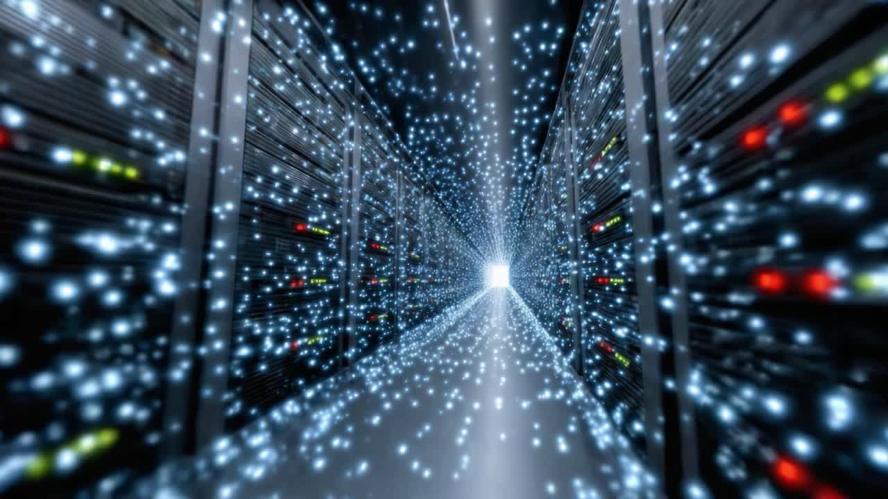A Glimpse into the Data Center: Mesmerizing Lines of Light and Servers Illuminate the Journey Through a Digital Landscape