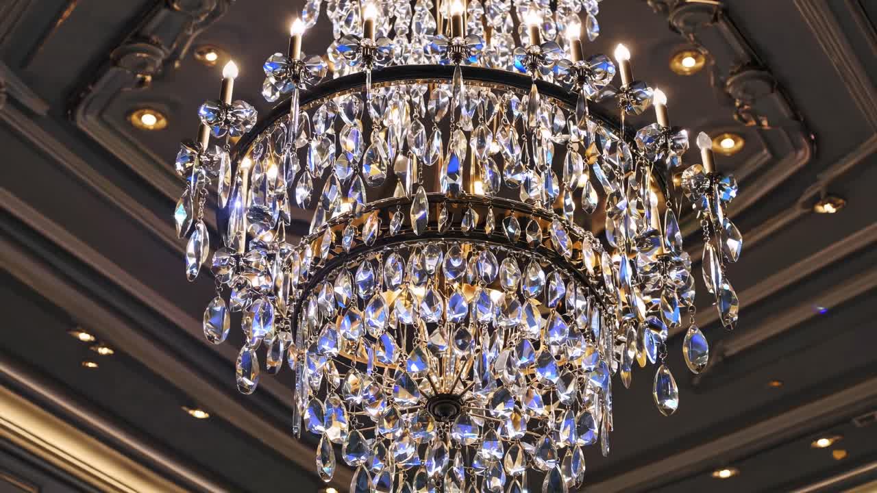 A luxurious chandelier with sparkling crystals, captured from a low-angle