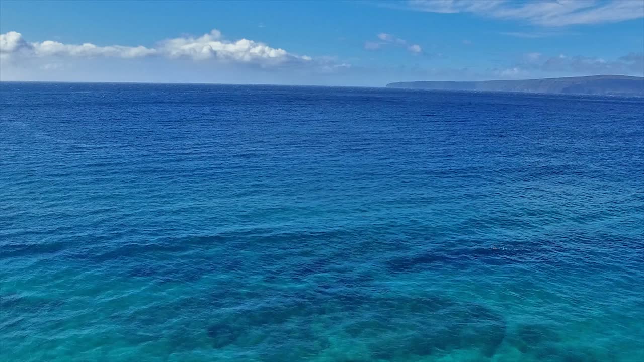 푸른 물, 모래, 해안선으로 아름다운 하와이 마우이에서 스노클러의 패닝 공중 샷