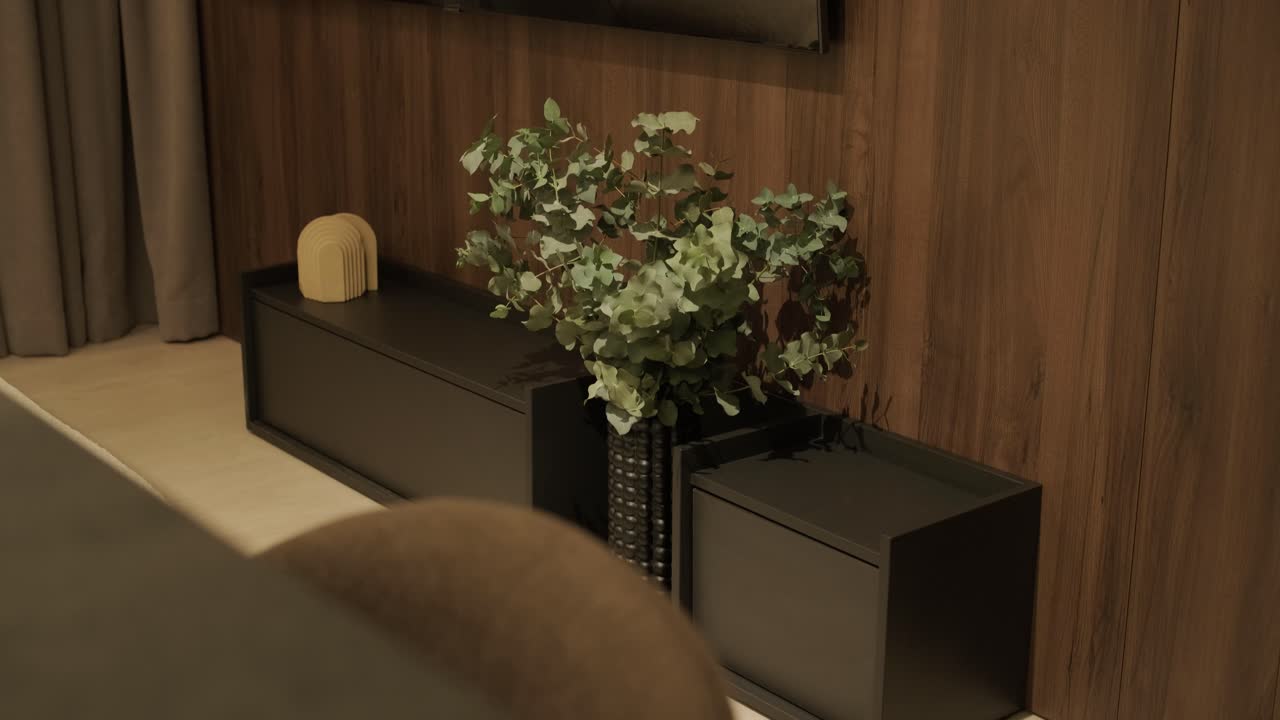 Stylish and elegant minimalist home interior featuring clean lines, neutral colors, and warm ambient lighting, creating a cozy and modern atmosphere.
