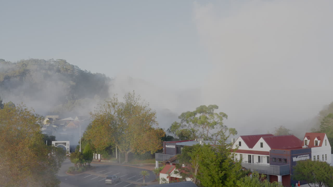 뉴질랜드 로토루아의 집과 나무 위로 상승하는 지열 증기
