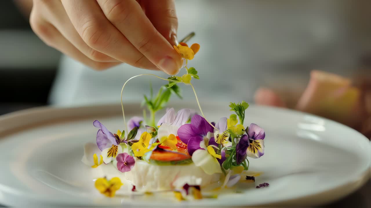 Skilled culinary expert decorating upscale plated meal with delicate, vibrant botanical garnish, highlighting gastronomic precision and visual beauty
