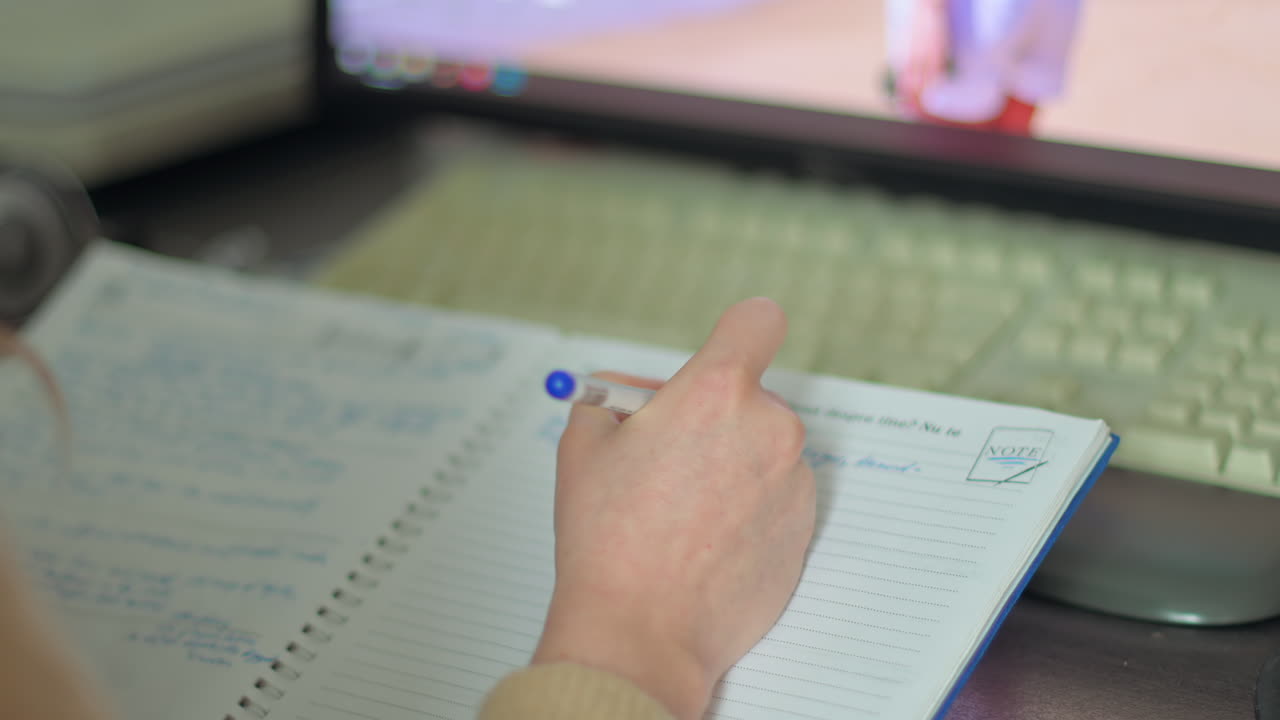Close up of a woman's hand writing in a spiral notebook with a blue pen while sitting at a desk