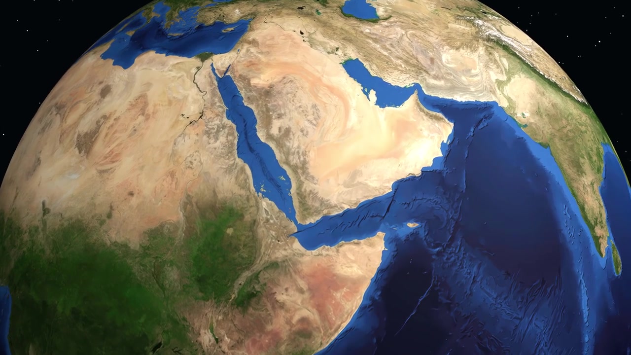 Dijital küre, uzaydan Yemen'deki belirli bir konum işaretçisine dönüyor ve yakınlaşıyor