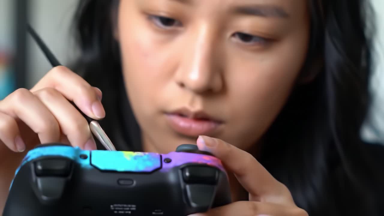 A focused young individual skillfully customizing a colorful gaming controller with a fine brush, showcasing creativity and precision in personalizing gaming accessories