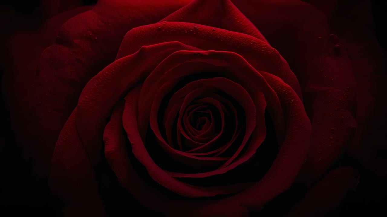 Singolo bocciolo di rosa rosso intenso con cambio di messa a fuoco in macro e goccioline che esaltano la spirale