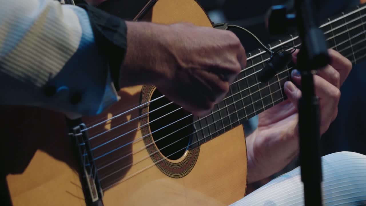 Chitarrista suona flamenco a uno spettacolo di tablao in Spagna