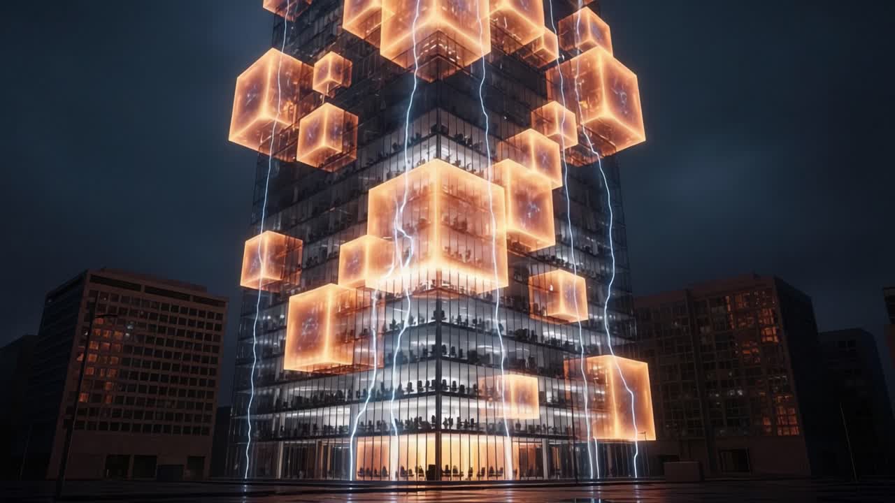 A Stunning Futuristic Building Surrounded by Floating Light Cubes and Electric Arcs, Showcasing Advanced Architecture and Dynamic Lighting Effects at Night