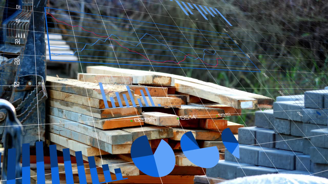 건설 현장에서 데이터 처리 및 다이어그램을 구축하는 기계에 대한 애니메이션