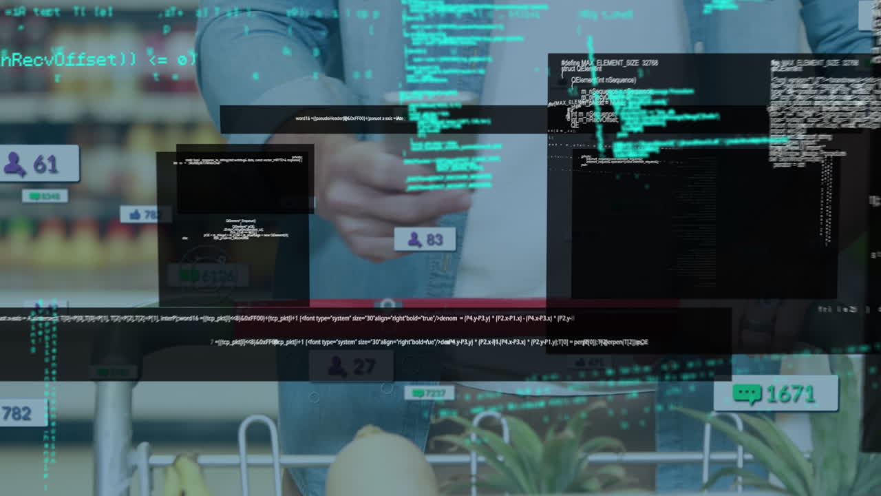 Animation of data processing over caucasian man using smartphone
