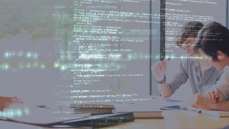 Animação de processamento de dados sobre diversos estudantes estudando juntos