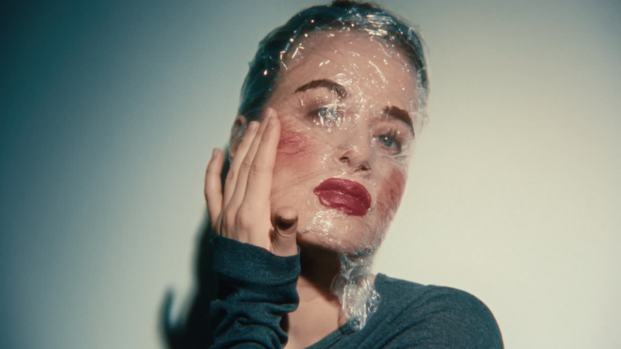 Woman with Plastic Wrap on Face