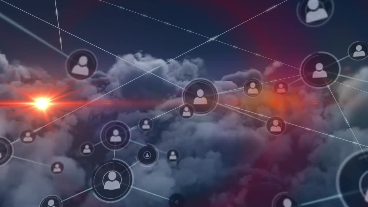 Animation of network of connections with icons over cloudy sky