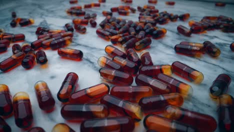 cápsulas de aceite de krill rojo que se vierten sobre una mesa de mármol blanco desde un lado