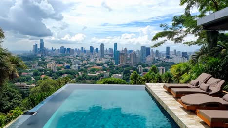 a swimming pool with lounge chairs and a view of the city