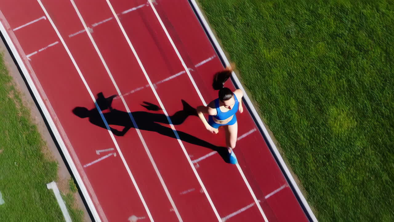 Aerial View of a Woman Running on an Athletic Track
