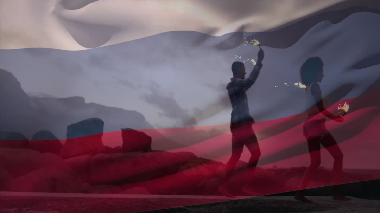 Dancing with sparklers, silhouetted couple celebrating over Russian flag animation