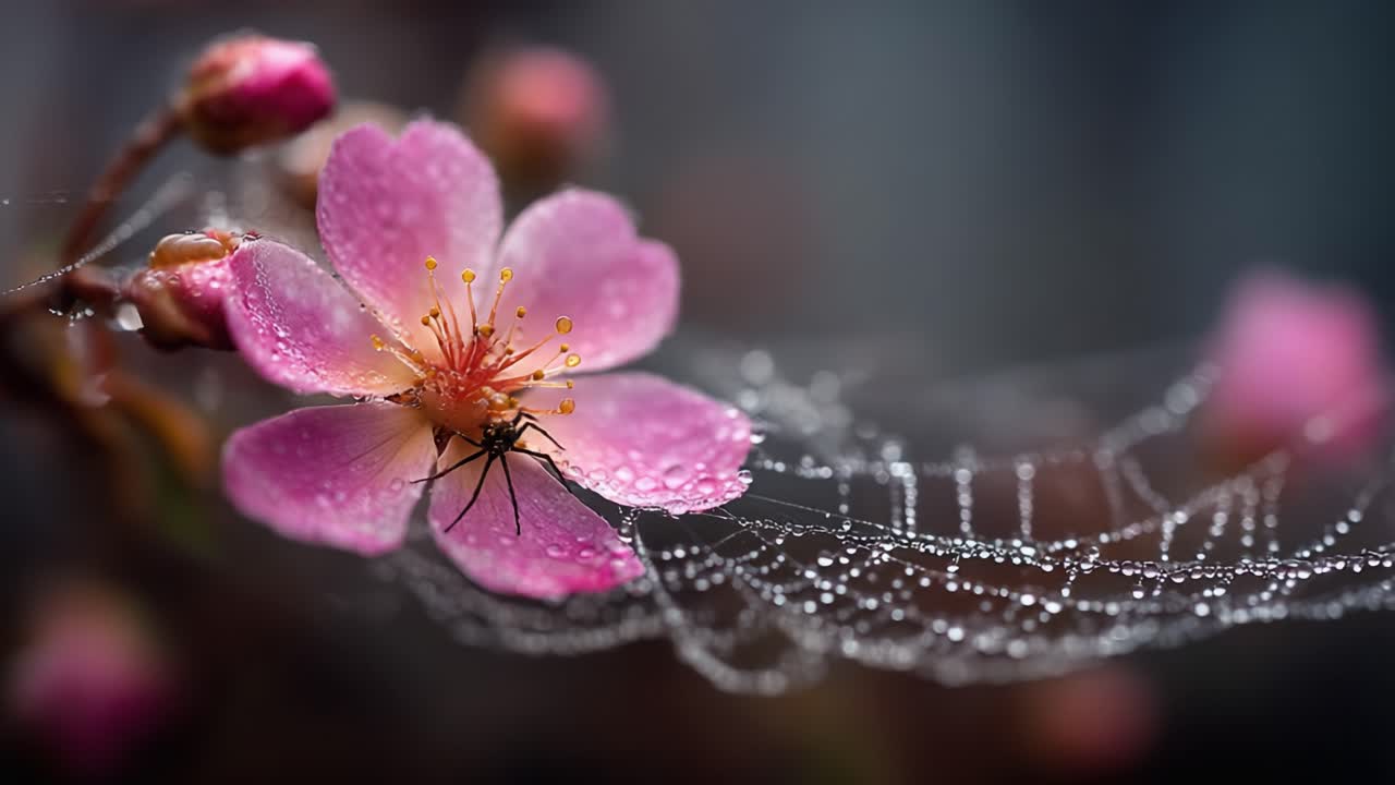 A Stunning Close-Up of a Pink Flower Surrounded by Dew Drops and a Delicate Spider Web, Capturing the Essence of Nature's Beauty in an Intricate Composition