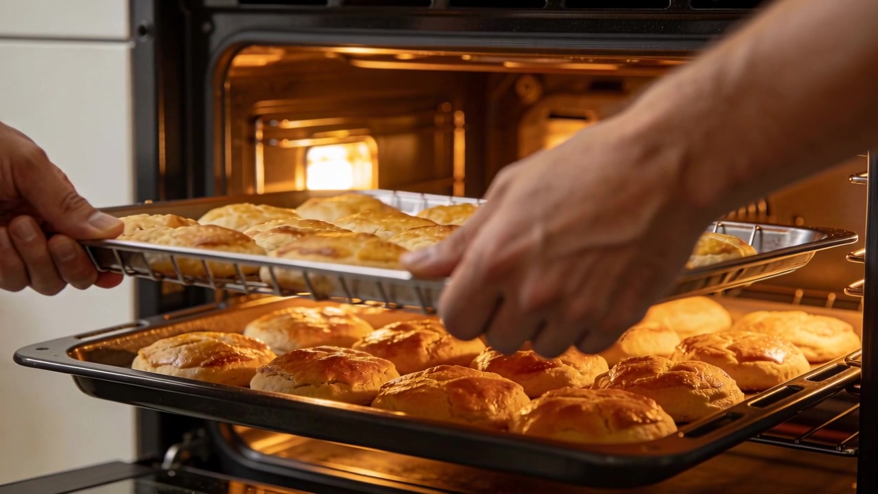 Abriendo la puerta del horno, antebrazos desnudos sujetando y levantando una bandeja de panecillos de la rejilla del horno para enfriar.