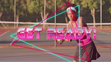 animation of get ready text over african american female tennis player