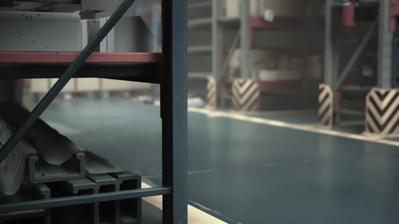 крупный план полки на складе, с металлическими балки, сложенными внизу