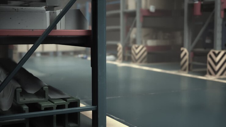 Close-up of a shelf in a warehouse, with metal beams stacked below