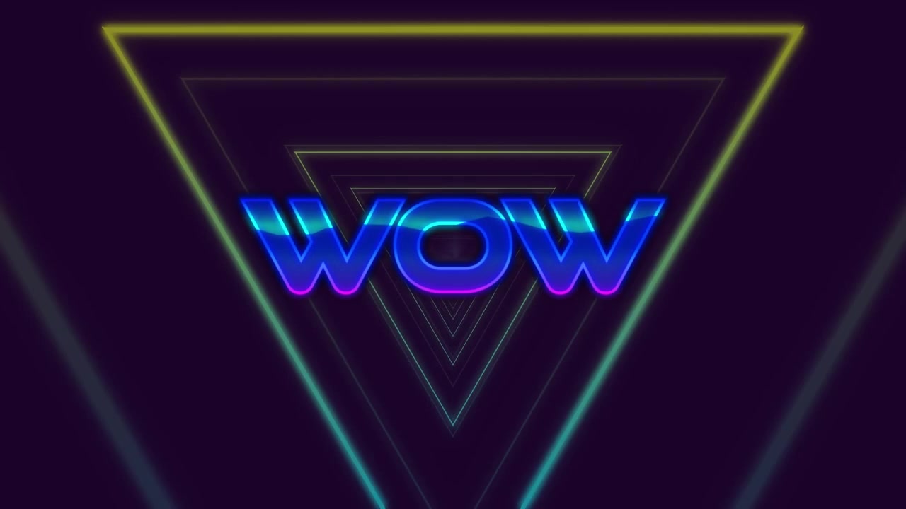 Animation of wow text over moving colorful geometrical shapes on dark background