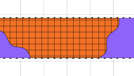 Animación-De-Cuadrícula-Negra,-Puntos-Y-Formas-Moradas-Sobre-Fondo-Naranja-Y-Blanco