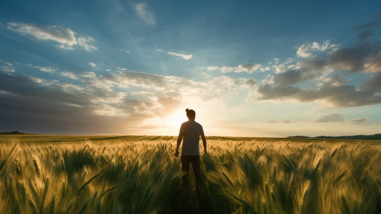Farmer standing amid golden wheat, silhouetted against dramatic sunset, sunlight filtering through clouds, embodying agricultural serenity and natural beauty