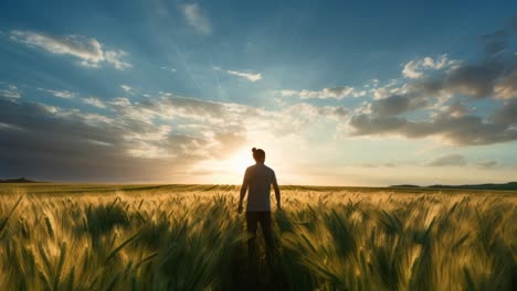 farmer standing amid golden wheat, silhouetted against dramatic sunset, sunlight filtering through clouds, embodying agricultural serenity and natural beauty